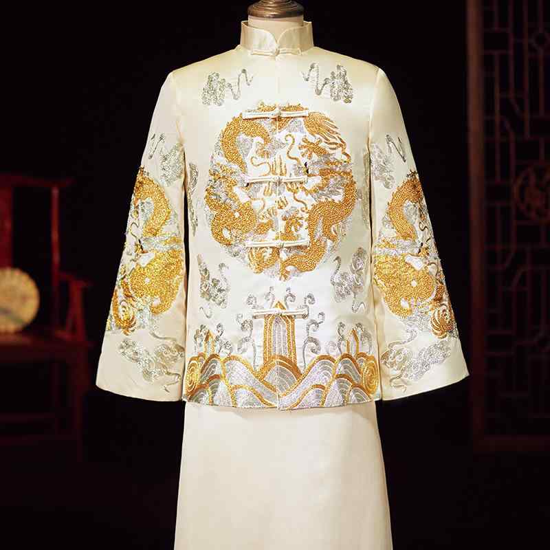 メンズ結婚式礼服 チャイナ風 盤金刺繍 秀禾服 龍鳳褂 新郎 披露宴 二次会 フォーマル 大きいサイズ シャンパンカラー 錦織 ポリエステル素材 オールシーズン 10,088円