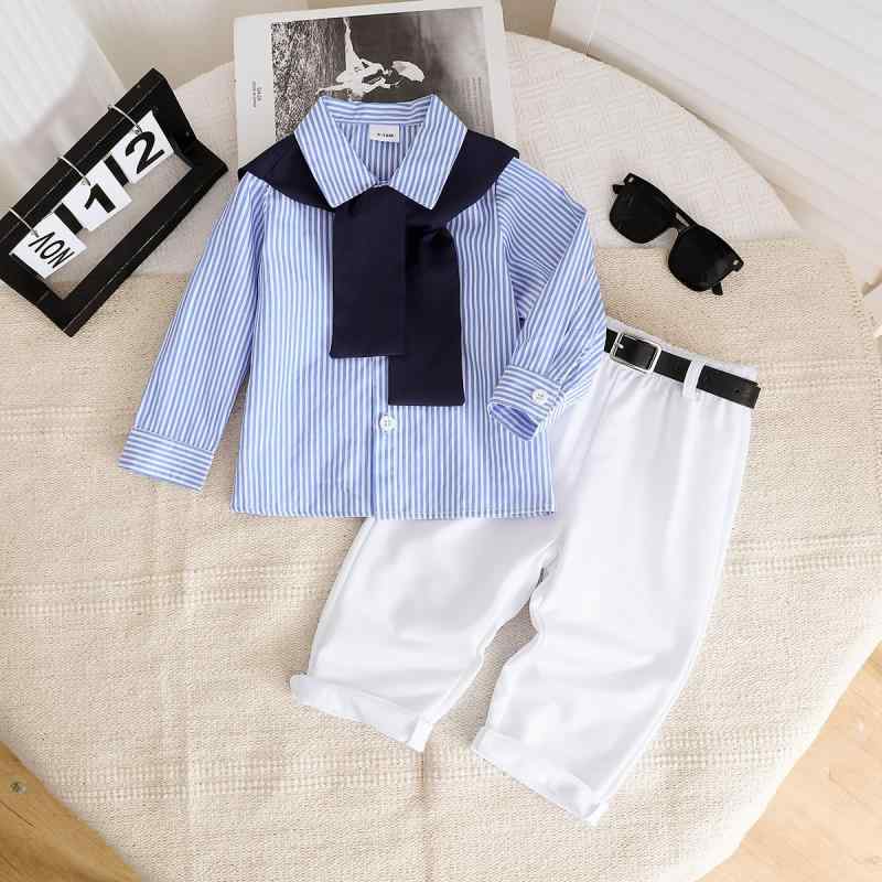 キッズ 女の子 ベビー 幼児 A類安全基準 ポリエステル素材 ストライプ柄 長袖 シャツ ショール ロングパンツ ベルト 欧米風 韓国風 4点セット 春夏 セットアップ