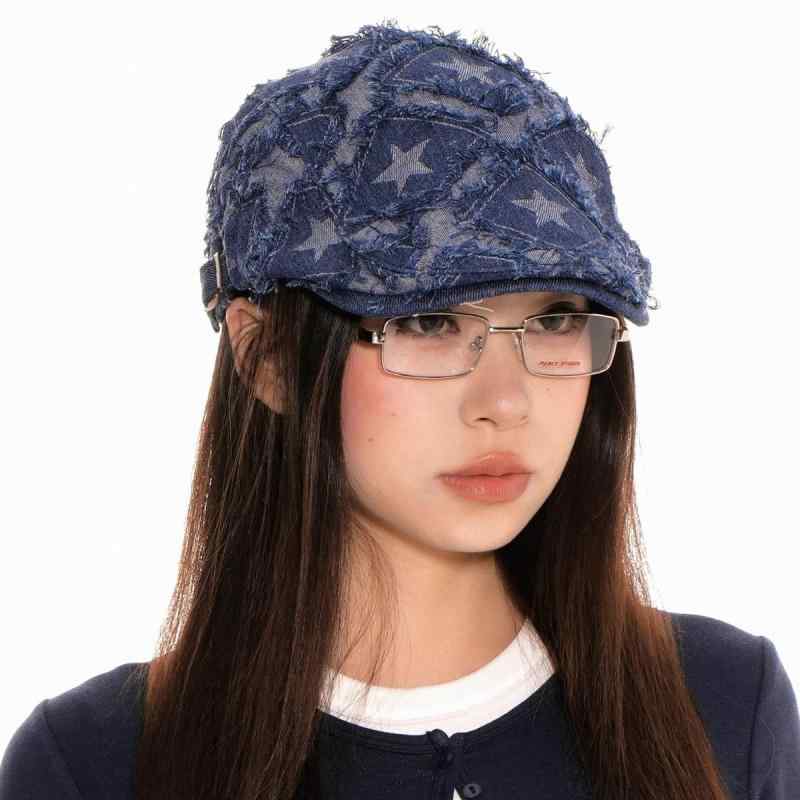 キャスケット ベレー帽 レディース 女性用 UVカット 紫外線対策 日よけ デニム レトロ ヴィンテージ Y2Kファッション 星柄 スター 万能 春夏秋