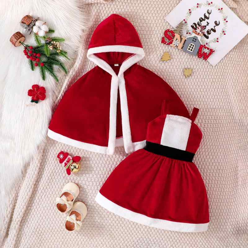 子供服 女の子 セットアップ おしゃれ クリスマス ケープ キャミソールワンピース 欧米風 フード付き 難燃性素材 Aクラス安全性 秋冬 3歳 8歳 ポリエステル 無地 プルオーバー