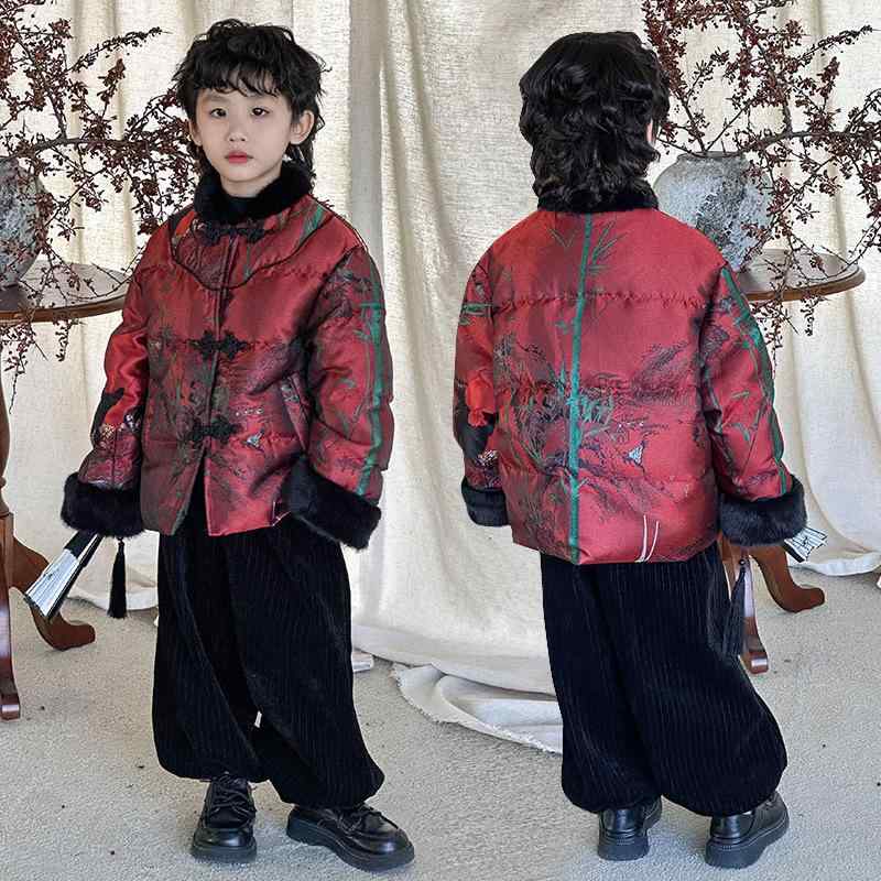 民族衣装 男の子 キッズ 唐装 セットアップ 上下セット アウター ジャケット 厚手 裏起毛 保温 防寒 新中国風 古風 漢服 お正月 正月衣装 発表会 イベント