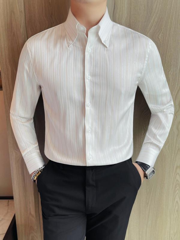 シャツ メンズ 男性用 形態安定 毛玉防止 ドレープ感 なめらか 色落ちしにくい 上品 春秋 長袖 スリムフィット ビジネス カジュアル ロングポイントカラー 織り柄 ポリエステル混紡