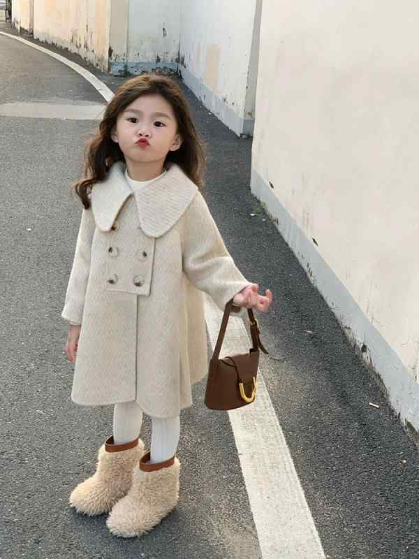 コート 女の子 キッズ 秋冬 韓国風 かわいい 付け襟 厚手 柔らか コットン混 メルトン生地 ミドル丈 シングルボタン 長袖 無地 ライトグレー 通学