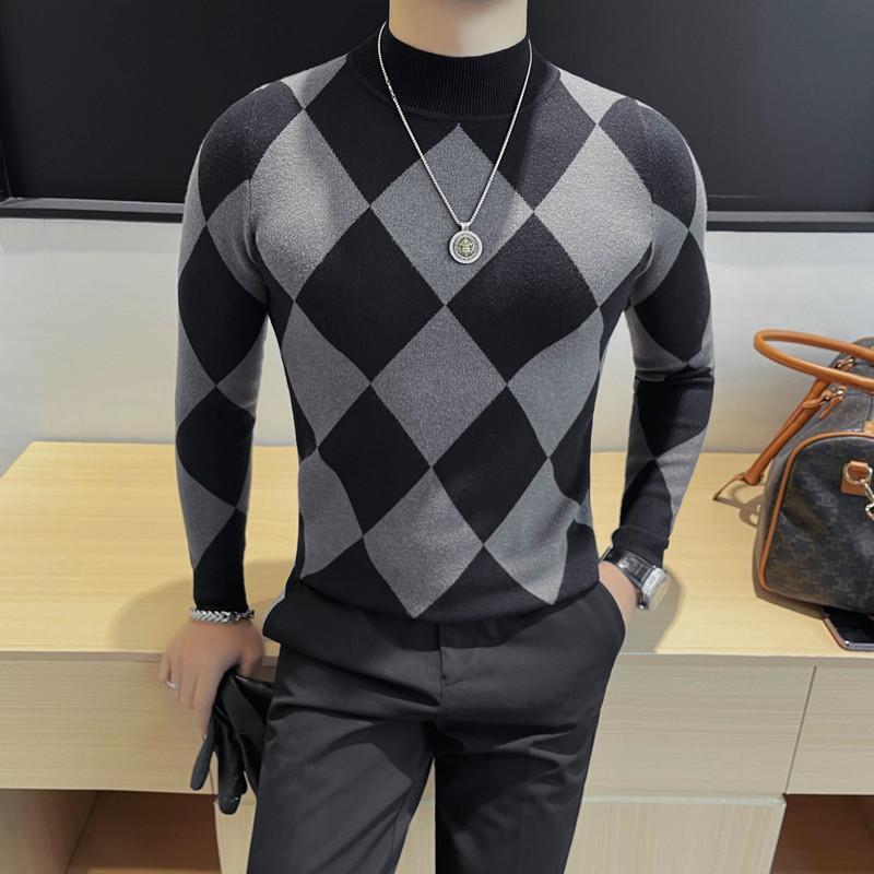 ニット メンズ ハイネック アーガイル柄 ストレッチ 伸縮性 スリムフィット カジュアル インナー 秋冬 長袖 再生繊維 シワになりにくい