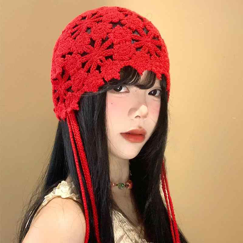 ニット帽 レディース 春夏 ボヘミアン エスニック 手編み 透かし編み かぎ針編み フリンジ タイダイ柄 ターバンキャップ レッド 通気性 UV対策 日よけ