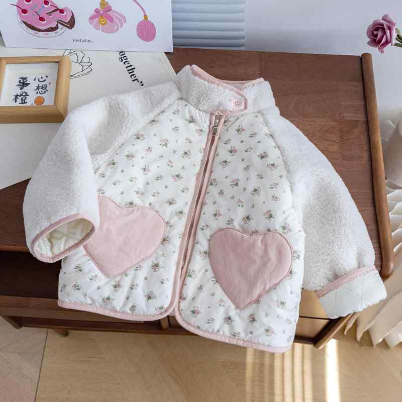 コート 女の子 ベビー キッズ 裏ボア 厚手 暖か 保温 両面フリース ジップアップ ハートポケット 小花柄 ミドル丈 ラウンドネック 秋冬 アウター ポリエステル 4,349円