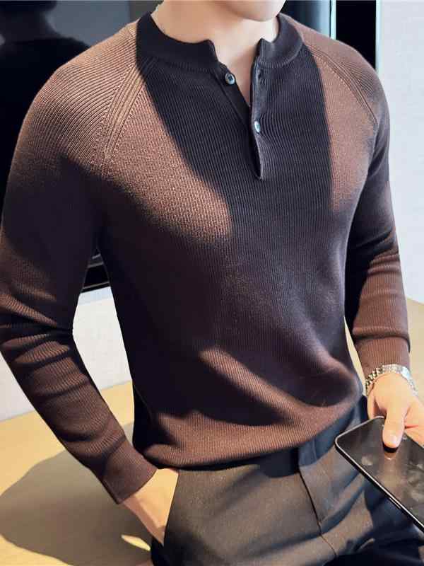 ニット メンズ ヘンリーネック 長袖 セーター 秋冬用 厚手 ストレッチ スリムフィット ラグランスリーブ カジュアル トップス 男性用 高伸縮性 ビスコース素材 シワになりにくい 着回し抜群 韓国ファッション グレー ブラック ホワイト ダークブラウン
