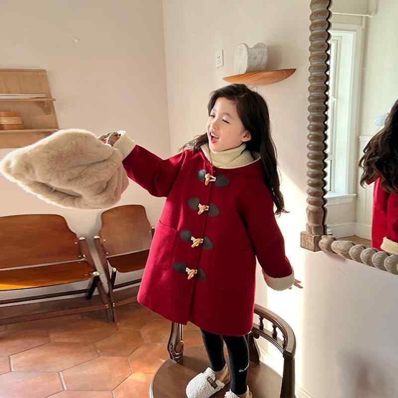 コート 女の子 キッズ 秋冬 保温 中綿入り 厚手 柔らか フード付き ダッフルボタン メルトン ミドル丈 長袖 シングルボタン 韓国風 かわいい レッド