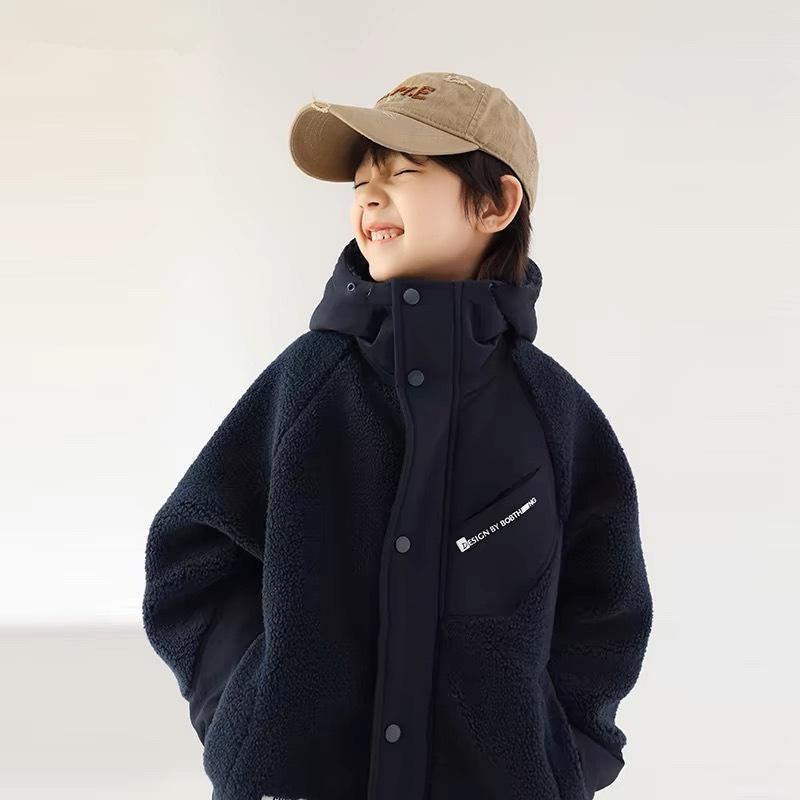 アウター キッズ 男の子 厚手 暖かい ボア 中綿入り フード付き ジップアップ 前開き 冬物 カジュアル ミドル丈 コットン ポリエステル ネイビー