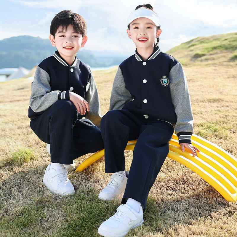 校服 キッズ 男の子 女の子 幼稚園 小学生 中学生 綿素材 柔らかい肌触り 運動会 クラス活動 野球服スタイル 3点セット 長袖 アウター ロングパンツ 濃色 汚れにくい 秋用 韓国風