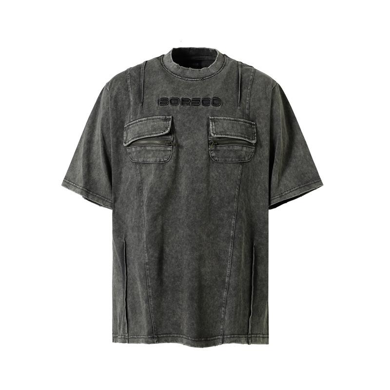 Tシャツ メンズ 通気性抜群 ゆったり ルーズフィット ウォッシュ加工 ヴィンテージ加工 ジッパーポケット付き ハイストリート レトロ ワークテイスト ストリート カジュアル アメカジ 普段着 コットン 半袖 カットソー