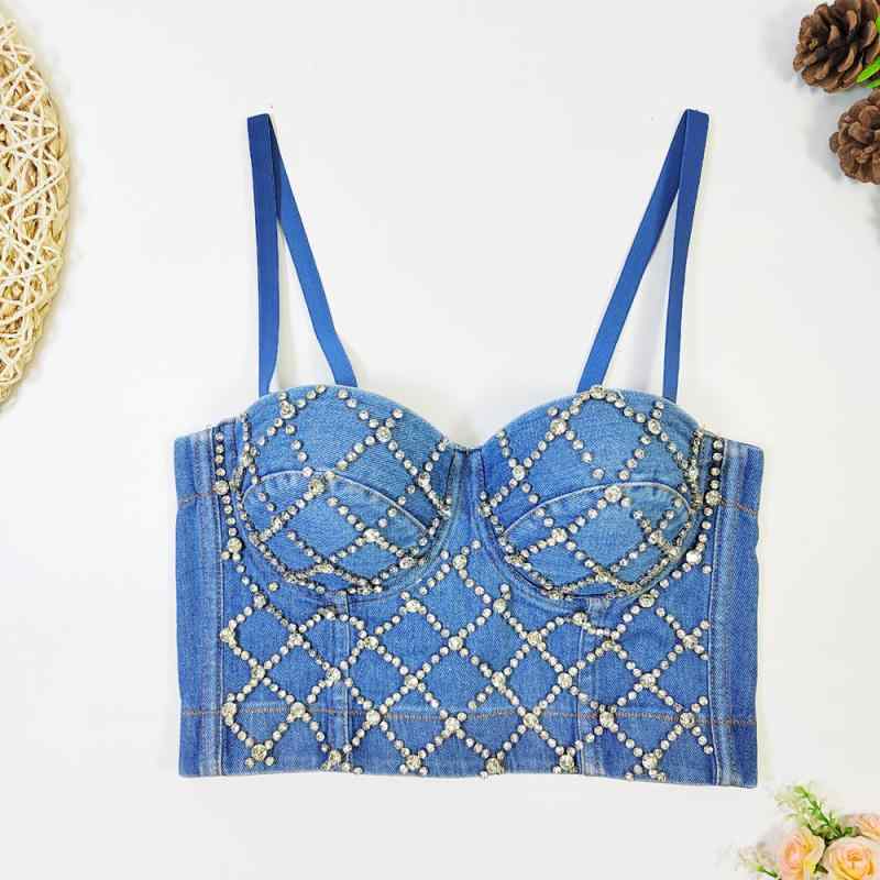 ビスチェ レディース 女性用 デニム 一体型 チューブトップ パッド付き 魚骨 コルセット 補正下着 美背中 バックオープン 格子柄 ラインストーン ビジュー 谷間メイク 寄せ上げ リフトアップ 快適 春夏|セキュアデポ