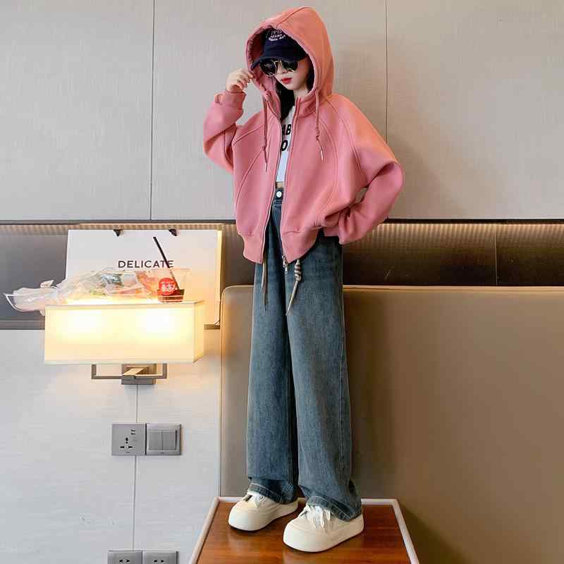 ジャケット キッズ 女の子 春秋 通学 普段着 フード付き ジップアップパーカー 綿 コットン 柔らかい カジュアル スポーティー 長袖 ショート丈 無地 アウター