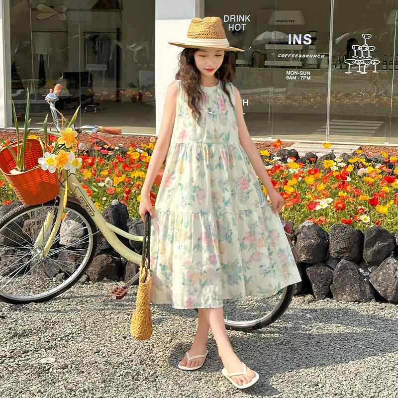 子供服 女の子 夏物 リゾートスタイル 花柄 ノースリーブ 袖なし プリンセス ドレス ロング丈 マキシ丈 コットン おしゃれ かわいい