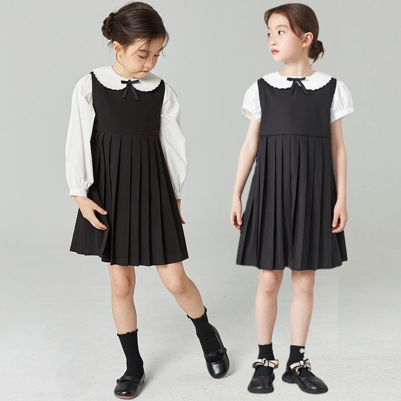ワンピース キッズ 女の子 子供 学院風 JK風 重ね着風 切り替えデザイン プリーツワンピース フォーマルドレス 発表会 卒園式 入学式 ポリエステル 綿混 春秋 長袖 半袖 黒
