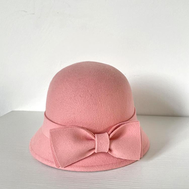 ハット レディース 女性用 保温 防寒 暖かい ウール フェルト素材 丸型 ラウンドトップ 上品 エレガント 韓国スタイル きれいめ ピンク つば短め ショートブリム 秋冬春用