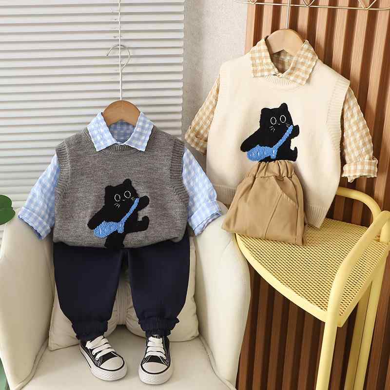 セットアップ 男の子 キッズ ベビー 春秋 長袖シャツ セーター ベスト 3点セット 綿混 柔らか 肌触り おしゃれ かわいい 韓国子供服 グレンチェック 猫柄 通園 お出かけ 普段着