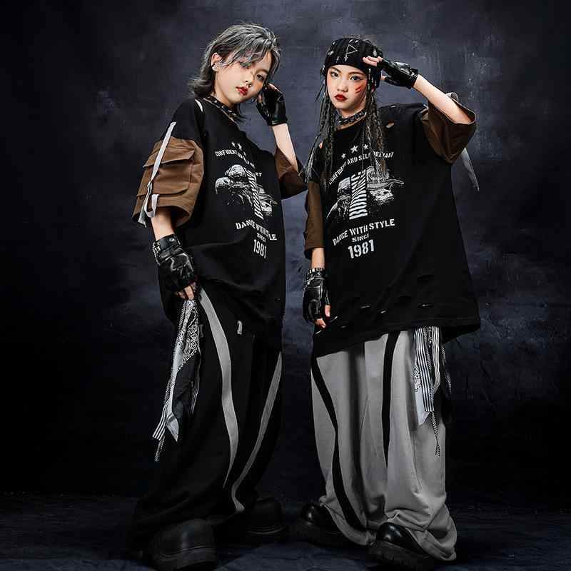 キッズ ダンス衣装 男の子 女の子 ヒップホップ ストリートダンス ダメージ加工 切り替え 半袖 長パンツ セットアップ 上下セット 発表会 舞台 練習着 パフォーマンス 夏物
