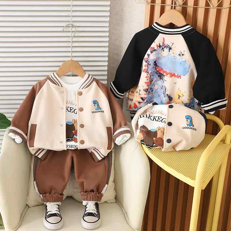 子供服 男の子 ベビー キッズ 柔らかい 綿素材 ジップアップ セットアップ パンツ 恐竜 キャラクター 野球ウェア 韓国風 おしゃれ 春秋 長袖 ロングパンツ 3点セット 1歳 2歳 3歳