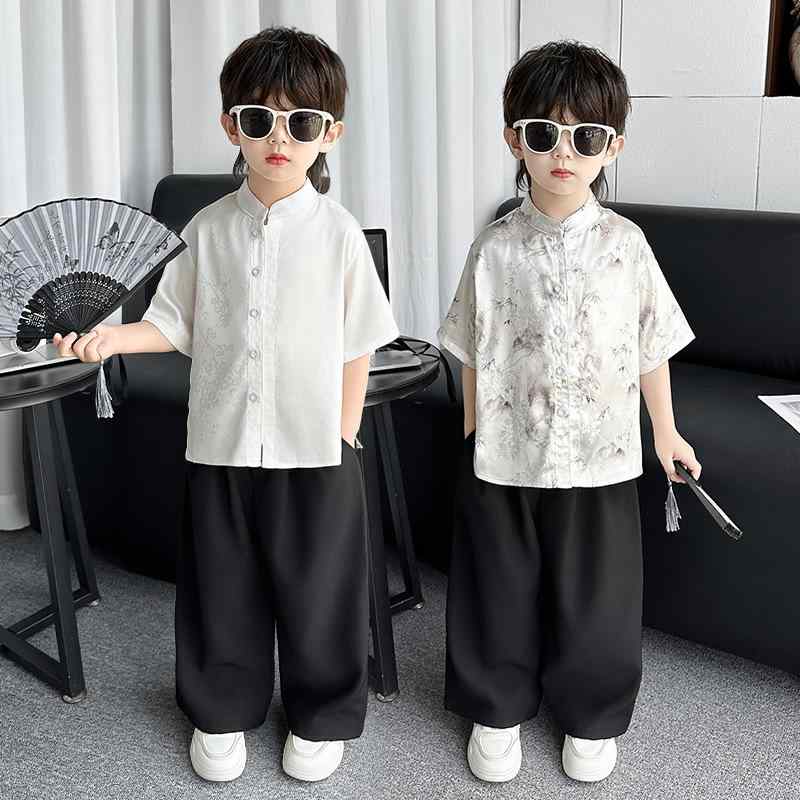 キッズ 男の子 漢服 唐装 セットアップ 薄手 柔らかい 新中式 古風 中国風 夏物 舞台衣装 発表会 イベント ステージ衣装 ポリエステル かっこいい