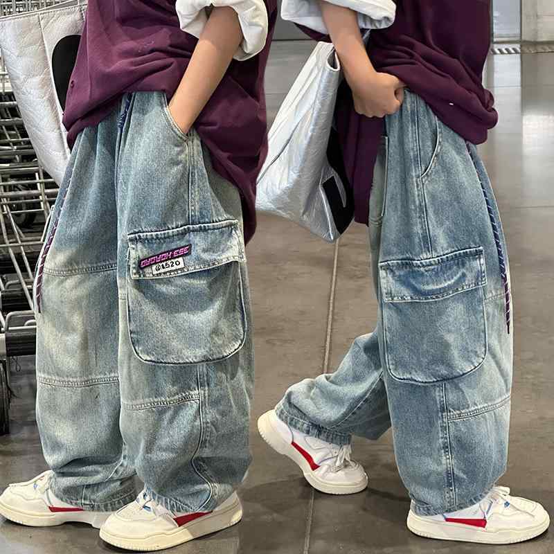 デニムパンツ 男の子 ジュニア ワーク アメカジ ストリート カジュアル ワイド ストレート ゆったり ウエストゴム コットン 柔らかい 春秋 長ズボン