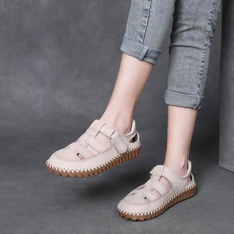 サンダル レディース 女性用 本革 牛革 手作り 厚底 快適 履きやすい レトロ ヴィンテージ 透かし彫り カットアウト カジュアル ローマサンダル ローマ風 マジックテープ ラウンドトゥ 春夏 カーキグリーン ベージュ ラバーソール