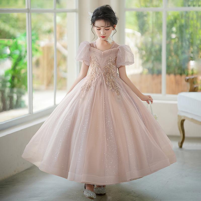 キッズドレス 女の子 ジュニア かわいい プリンセスドレス フォーマル 結婚式 発表会 ステージ衣装 誕生日 フラワーガール チュール ロング丈 夏 グレー