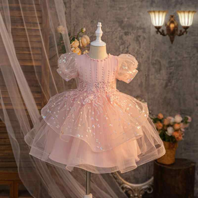 ワンピース 女の子 キッズ パフスリーブ プリンセスドレス ふんわり ボリュームチュールスカート 上品 フォーマル 結婚式 発表会 誕生日 パーティー フラワーガール ホワイト ピンク スカイブルー モカ オールシーズン対応 子供服