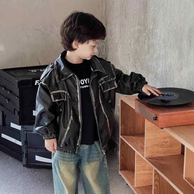 レザージャケット 男の子 キッズ 薄手 快適 ジップアップ PUレザー 春秋 アメリカンレトロ アメカジ ヴィンテージ クール かっこいい スタイリッシュ おしゃれ 革ジャン アウター ボーイズ 子供服
