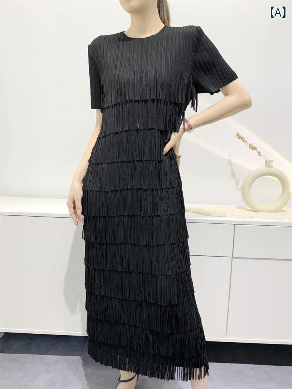 ワンピース レディース 春夏 半袖 マキシ丈 プリーツ 接触冷感 フリンジ フリンジ 無地 クルーネック ゆったり 通勤 カジュアル ブラック ベージュ ピンク｜セキュアデポ