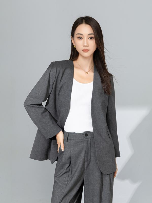 パンツスーツ レディース エレガント シンプル 通勤 TRウール Vネック ジャケット ドレープ感 ワイドパンツ 無地 グレー 春夏 長袖｜セキュアデポ