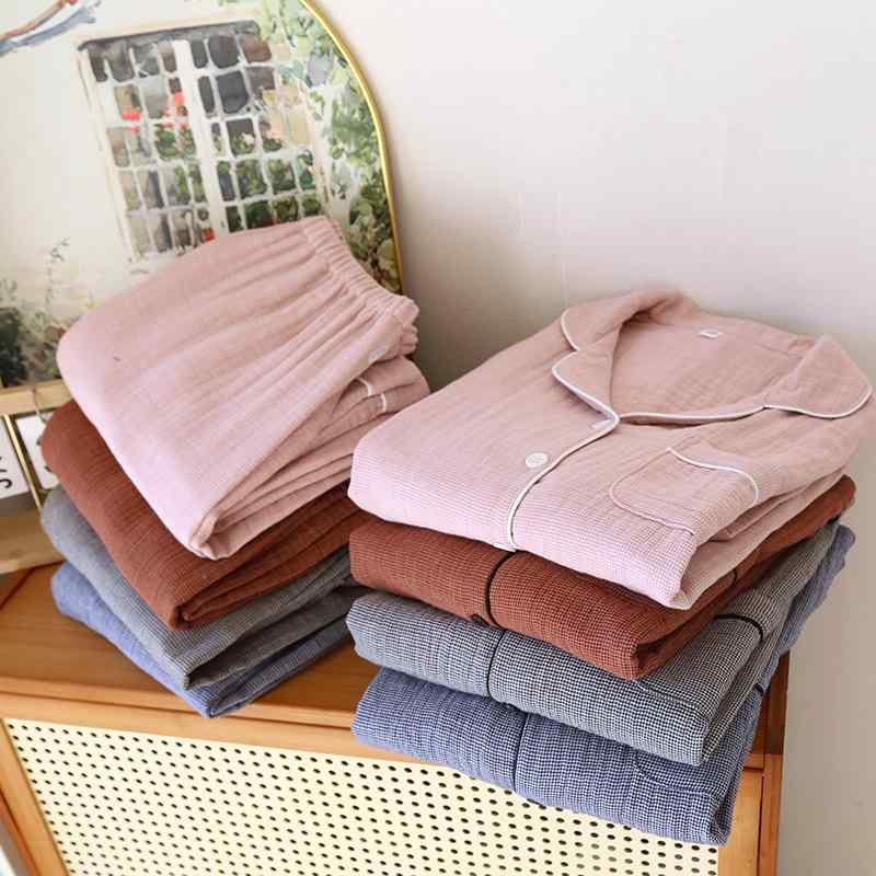 パジャマ カップル ルームウェア レディース メンズ シンプル 四重ガーゼ 薄手 綿 コットン 通気性 涼しい 快適 長袖 襟付き チェック柄 長パンツ 上下セット 部屋着 春夏