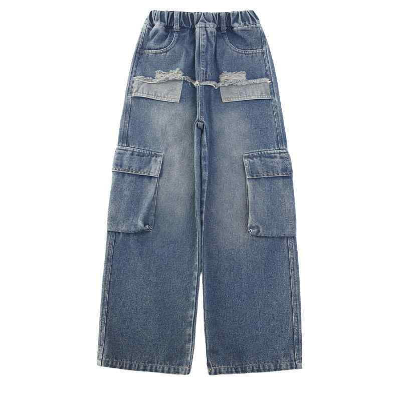 デニムパンツ ガールズ 秋冬 裏起毛 厚手 カジュアル カーゴ ワイドストレート ゆったり ジュニア コットン ロング丈