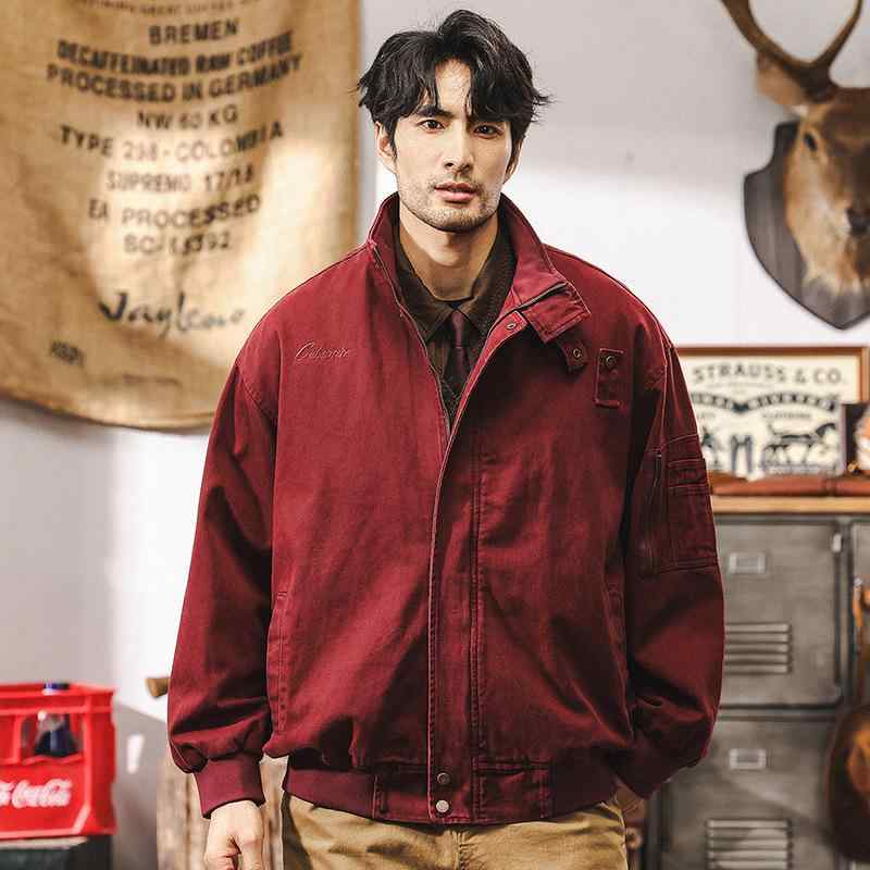 上衣 メンズ 成人男性用 アメリカン レトロ アメカジ 細工物上衣 狩猟上衣 サファリ上衣 マルチ衣嚢 ジップアップ ルーズフィット 綿織物 綿原料品 無地 赤いこと 年月