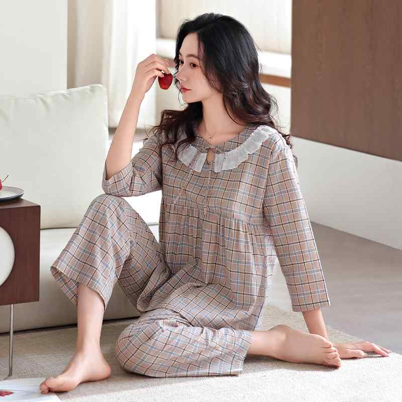 パジャマ ルームウェア レディース 女性用 春秋 薄手 綿100% ガーゼ素材 7分袖 9分丈パンツ 丸首 セットアップ プルオーバー 快適 抗菌 部屋着 外出着 ママ 母親 カジュアル シンプル