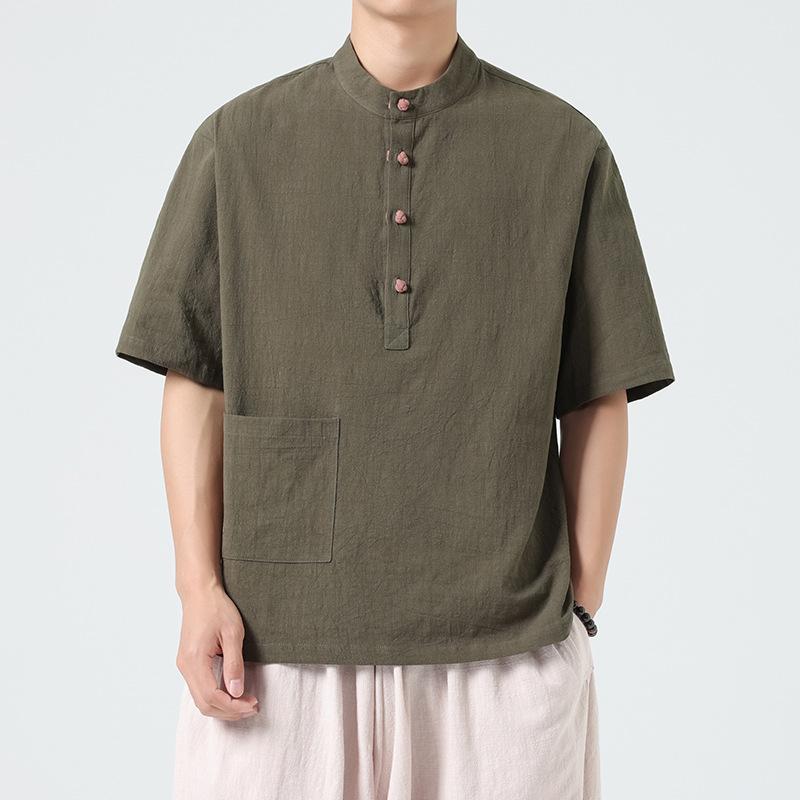 Tシャツ メンズ 春夏 ゆったり ノーアイロン 中国風 盤扣 半袖 綿混 仏教 禅スタイル 居士服 修行服 茶服 普段着 リラックスウェア ポケット付き