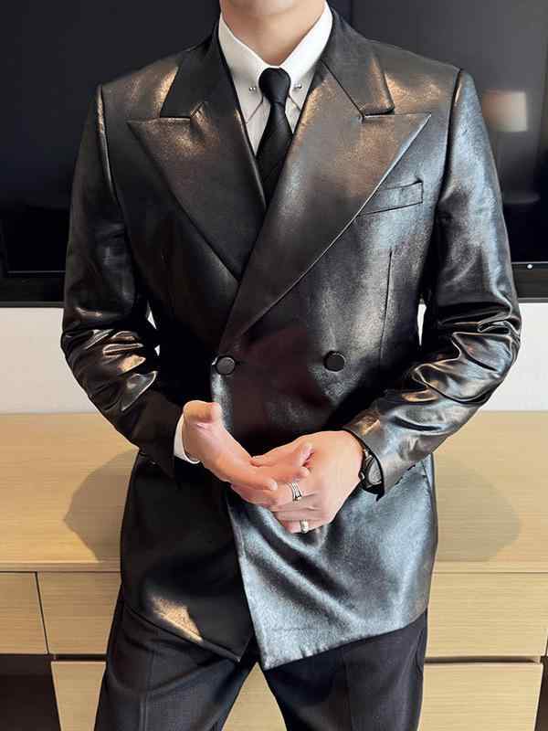 ジャケット メンズ 男性用 秋冬 光沢フェイクレザー コーティング加工 ダブルブレスト スリムフィット ノーアイロン ビジネスカジュアル ステージ衣装 パーティー ポリエステル 無地 長袖|セキュアデポ
