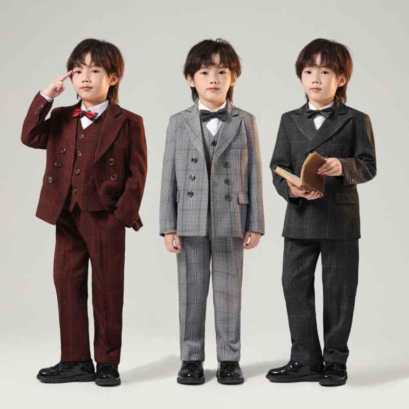 キッズ 男の子 フォーマルスーツ チェック柄 5点セット 長袖 ダブルボタン ブリティッシュスタイル オールシーズン 結婚式 誕生日 発表会 入学式 卒園式 卒業式 七五三 冠婚葬祭 子供服 小学生 おしゃれ