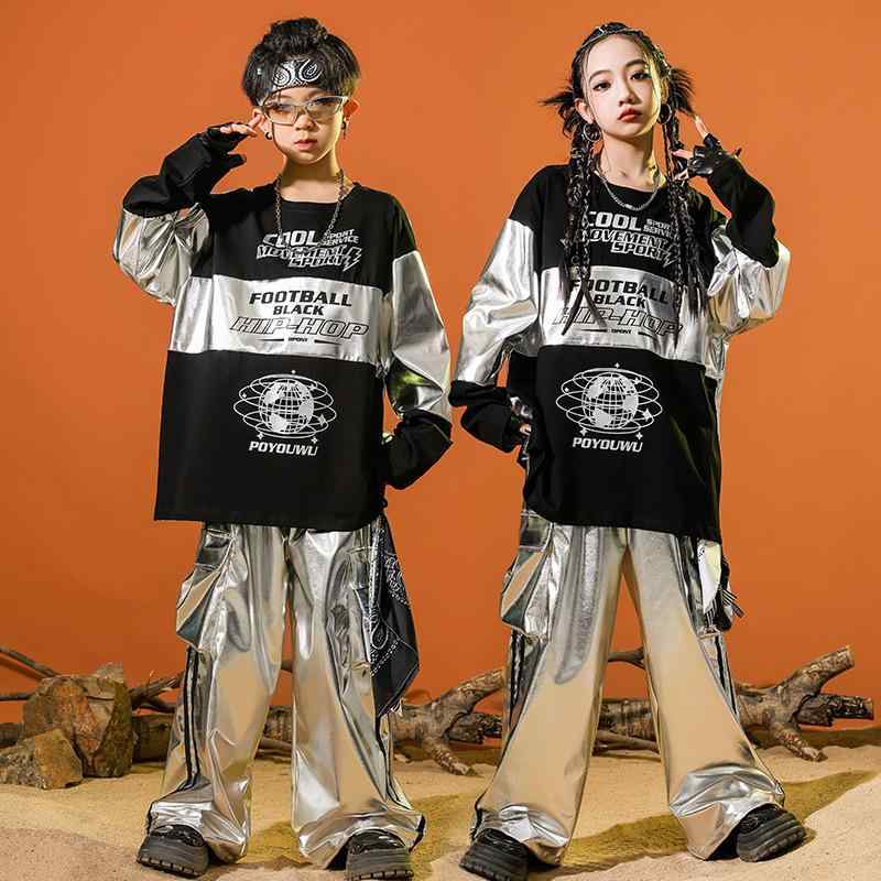 ダンス衣装 ジュニア 男の子 女の子 ヒップホップ ストリートダンス 発表会 舞台 ステージ 演出服 セットアップ 黒銀 シルバー かっこいい 綿 コットン 柔らかい オールシーズン 練習着