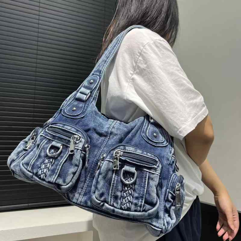 トートバッグ レディース デニム ウォッシュ加工 多ポケット 大容量 A4対応 肩掛け 斜め掛け 手提げ 3WAY ファスナー開閉 欧米風 カジュアル レトロ 普段使い 通勤 通学 春夏
