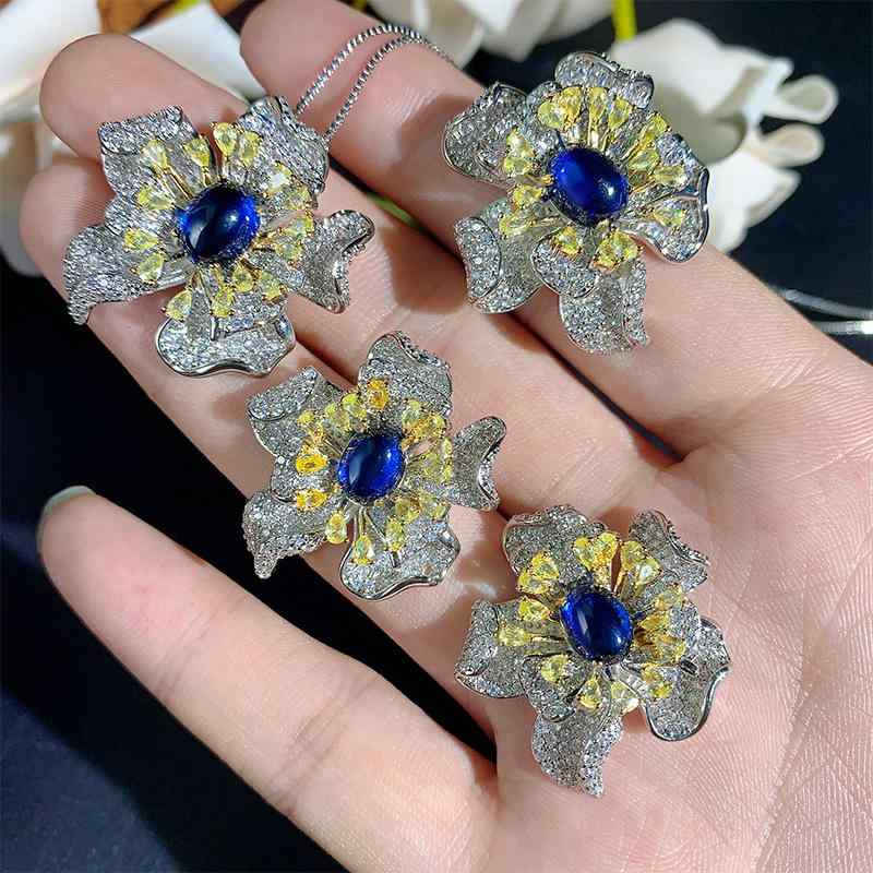 ジュエリーセット レディース サファイア ジルコニア ネックレス ピアス 指輪 花びらモチーフ 高級感 軽奢風 銅製 ボックスチェーン ファッション 通勤 パーティー 大人かわいい ギフト