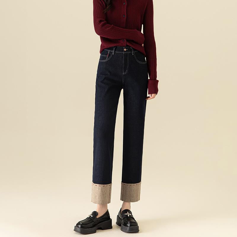 デニムパンツ レディース 小柄な方向け 着痩せ効果 ハイウエスト スリムストレート 厚手 ストレッチ 9分丈 インディゴブルー カジュアル 秋冬
