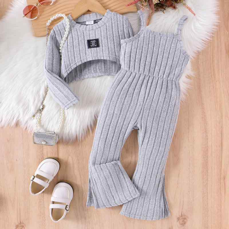 キッズ 女の子 セットアップ 秋冬 欧米デザイン 長袖 リブトップス サロペット オーバーオール 2点セット コットン 中厚手 ストライプ柄 無地 子供服 3-8歳画像