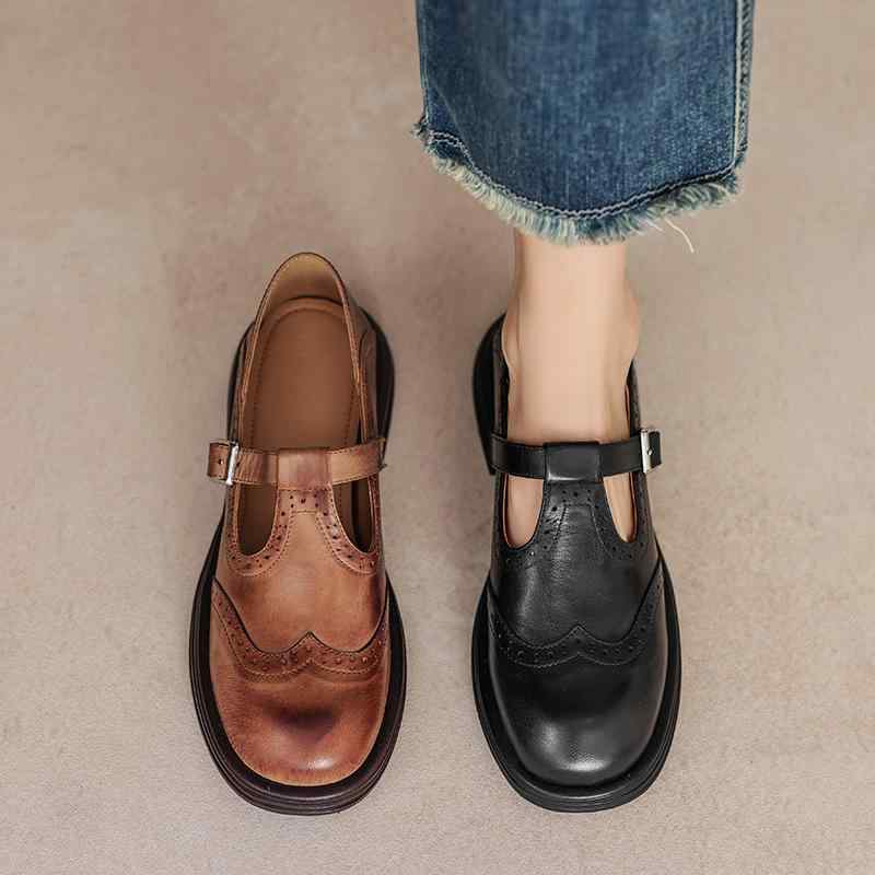 パンプス レディース 女性用 厚底 チャンキーヒール ミドルヒール ラウンドトゥ レトロ ヴィンテージ調 羊革 本革 メリージェーン Tストラップ ストラップ 普段使い デイリー 春秋