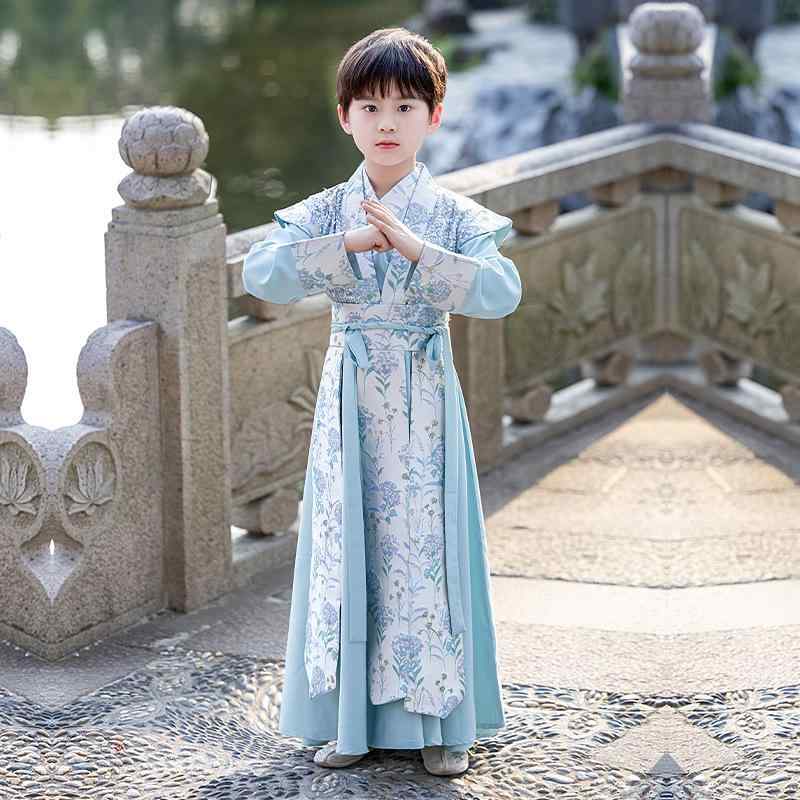 漢服 男の子 オリジナルデザイン 唐装 セットアップ 中国風 武侠風 国学風 ソフト加工 ポリエステル素材 ストライプ柄 春夏 子供用 民族衣装 普通地