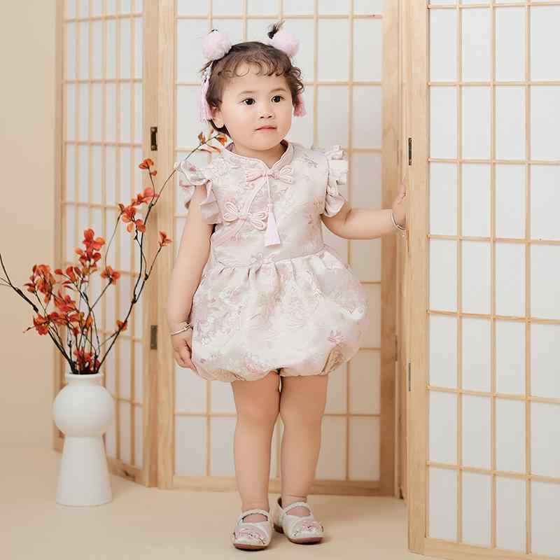 ベビードレス 女の子用 1歳 誕生日 フォーマル セレモニー 中華風 チャイナドレス 唐装 ロンパース ワンピース プリーツ 夏用 かわいい プリンセス 上品 記念日 お祝い