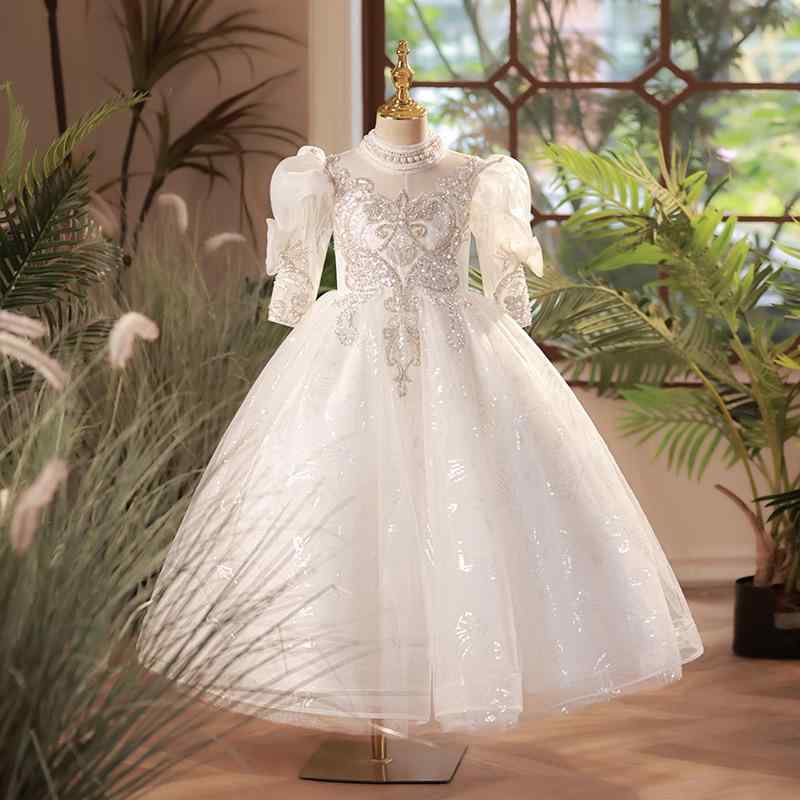 子供服 女の子 長袖 フォーマルドレス ホワイト プリンセス ボリューム 結婚式 発表会 演奏会 パーティー お呼ばれ 誕生日 フラワーガール 七五三 ワンピース キッズ