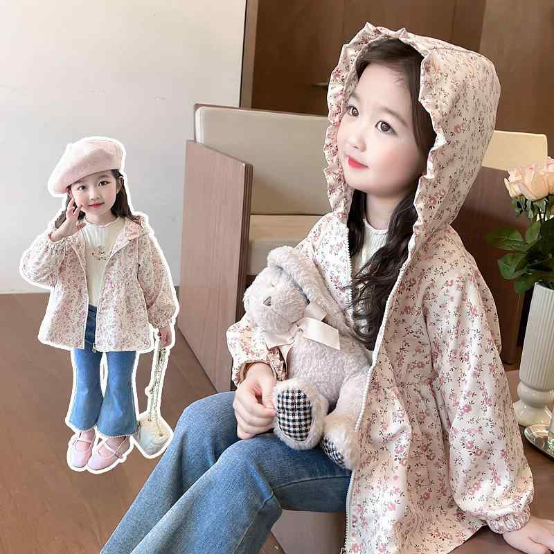 ジャケット 女の子 キッズ 春秋 ウィンドブレーカー ブルゾン パーカー 小花柄 フード付き ジップアップ 長袖 ミドル丈 カジュアル 普段着 通学 お出かけ おしゃれ かわいい 軽量 トレンド