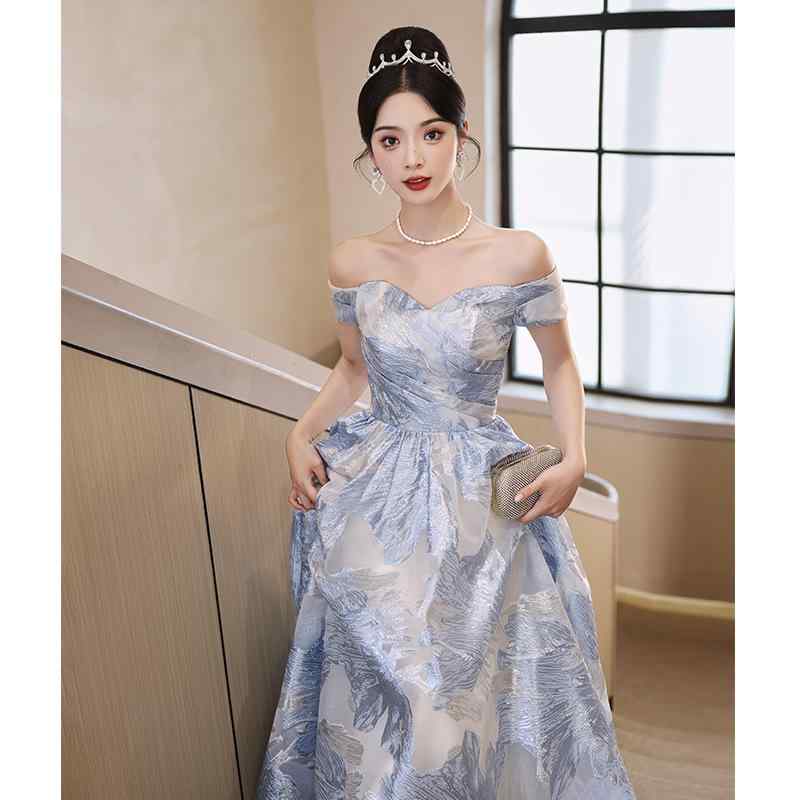 ドレス レディース ブルー オフショルダー マキシ丈 高級感 エレガント ノースリーブ パーティー 結婚式 披露宴 二次会 お呼ばれ 成人式 発表会 演奏会 シワになりにくい ポリエステル