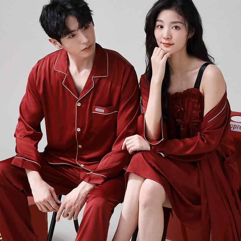 ルームウェア パジャマ カップル ペア メンズ レディース 新婚 結婚祝い 接触冷感 薄手 高級感 レッド 長袖 ロングパンツ 上下セット ガウン ポリエステル 快適 通気性 伸縮性 春夏 部屋着 リラックス